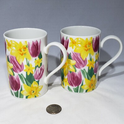 Set of 2 Dunoon Primavera Tulips and Daffodils Mug Helen Sandiford Scotland EUC