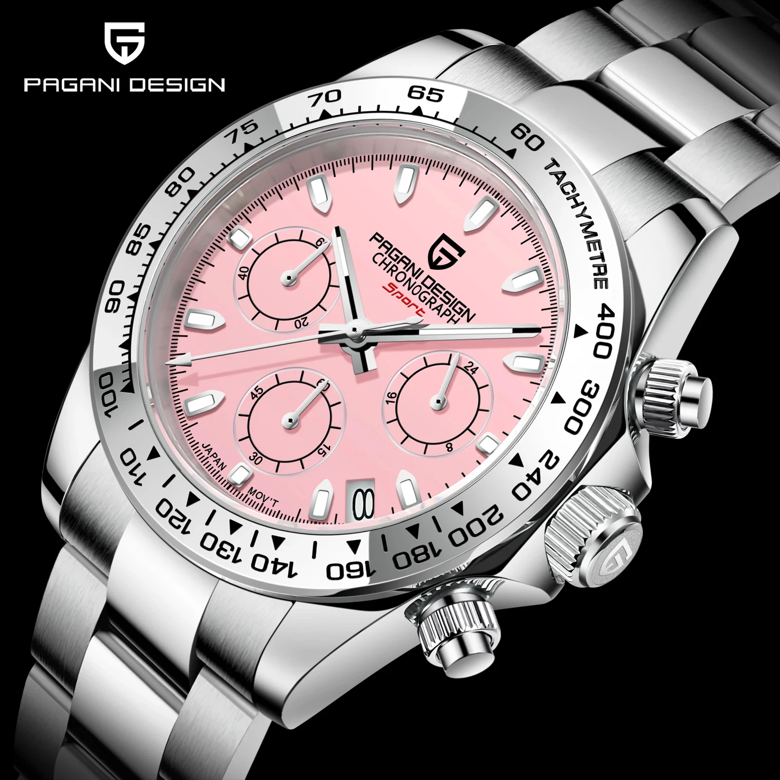 Pagani Design 40mm Quartz Chronograph Watch Stainless Steel Band Luminous Dial