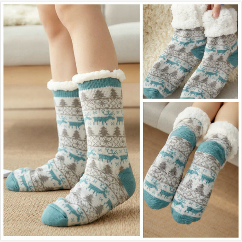 SAOLA Femmes Acrylique Chaussettes Peluche Sherpa Noël Dessin Elk Sol Chaussures