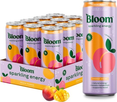 Bloom Nutrition Sparkling Energy Drink Zero Sugar Peach Mango 12oz Prebiotic