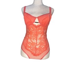 Aerie 32DD Coral Pink Lace Bodysuit Underwire Coquette Barbiecore Open Back