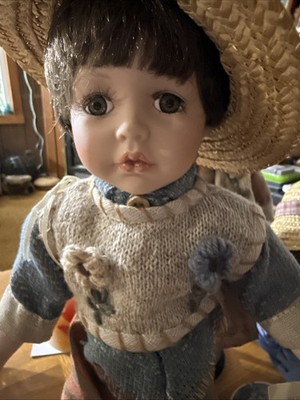 Danny Collectible Porcelain Doll Boy Straw Hat Striped Pants