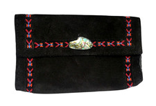 Handcrafted Black Suede ABALONE SHELL Hand Beaded Accent Native American Pouch S
