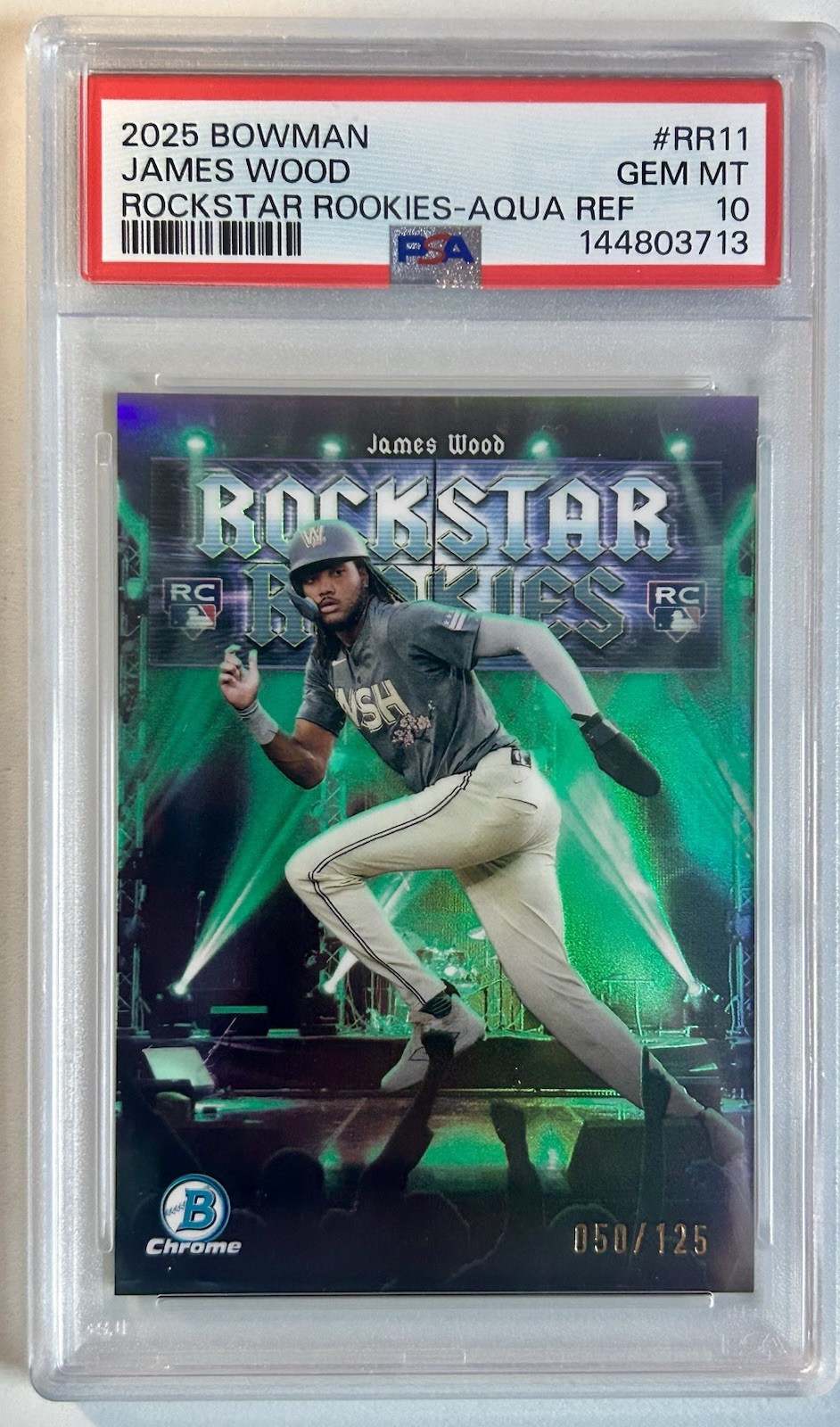 2025 Bowman Baseball James Wood #RR-11 Rockstar Rookies Chrome Aqua /125 PSA 10