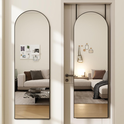 Black Arched Full Length Door Mirror 14x48, No-Drill Mounting & Hooks Included