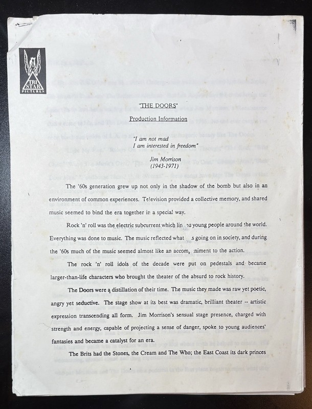 The Doors Movie, Val Kilmer, Original Production Information & Screen Credits