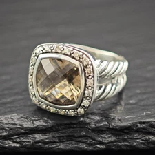 David Yurman Albion Diamond Moonlight Ice Smoky Quartz Sterling Silver Ring 7.5