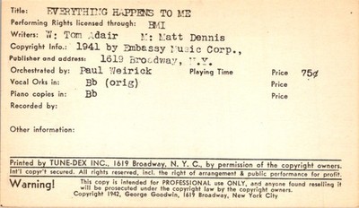 Tune-Dex ''Everything Happens to Me'' 1942 Brill Building Lead Sheet Card
