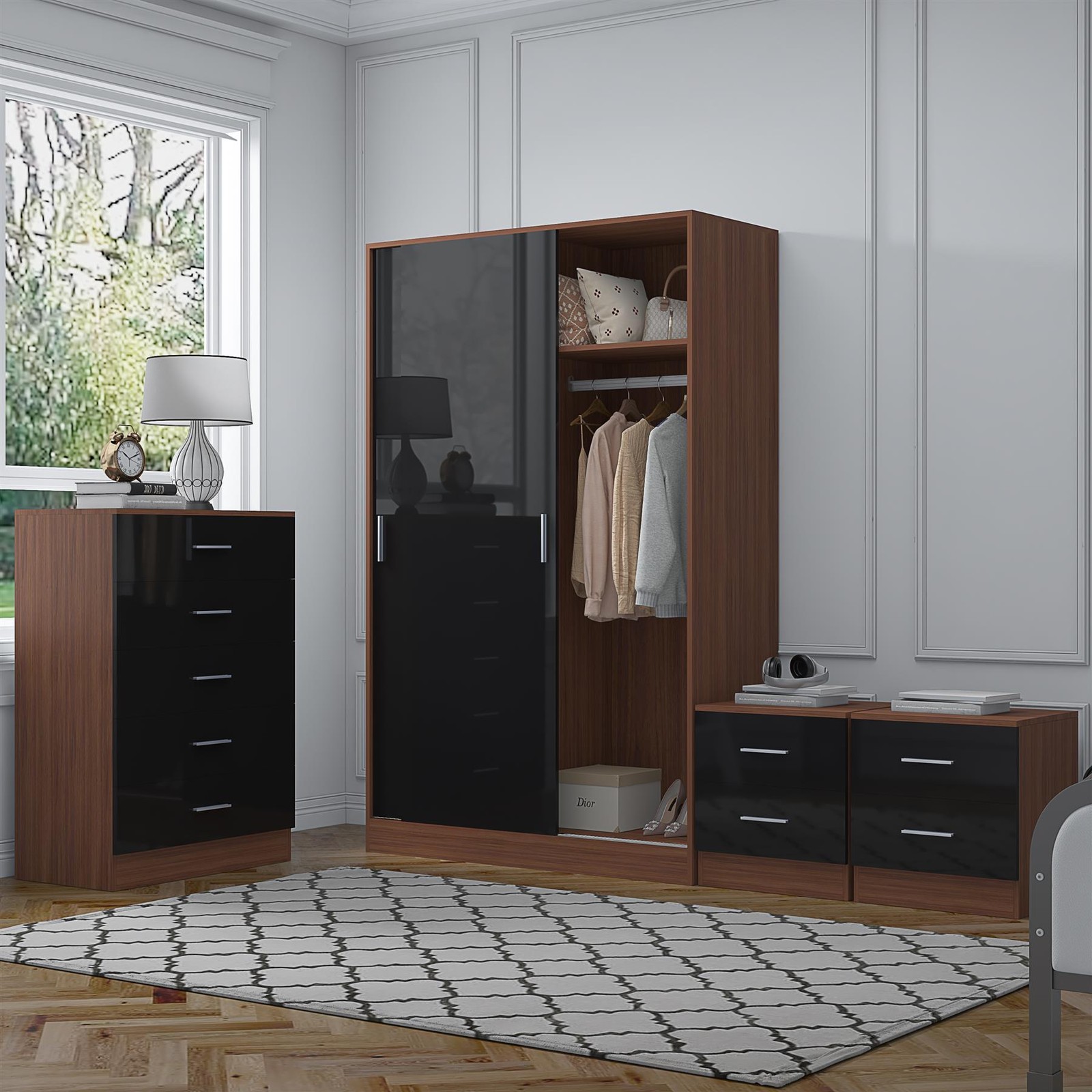 REFLECT Furniture - Sliding Wardrobe + Tall Chest + 2 Bedsides - Black/Walnut