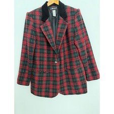 Sag Harbor Vintage Plaid Blazer Red Green Gold Metallic Velvet Trim Wool Blend