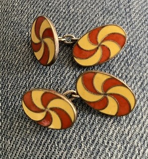 Yellow Orange Enamel Swirl Stripe Oval Chained Cufflinks Vintage Flashy 6.7 Gr