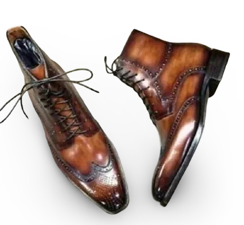Latest Handmade Brown Genuine Leather Lace Up Dress Formal Wingtip Boots For Men