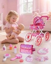 BABESIDE 10PCS Baby Doll Stroller Set Feeding Accessories Toy for 12" Dolls