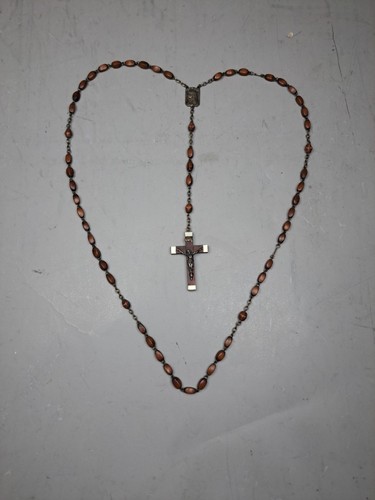 Rosario vintage 21" antico 1900-1950 perline legno marrone Nostra Signora di Lourdes Francia - Foto 21 di 23
