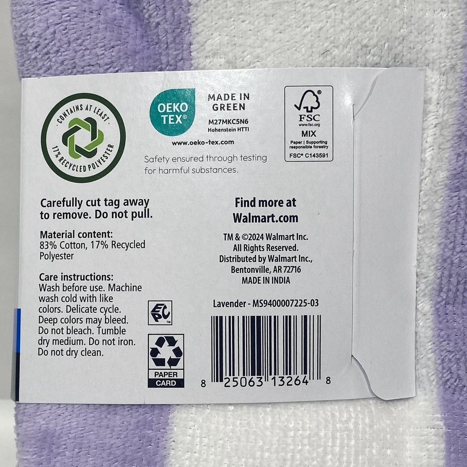 Toalla de playa Mainstays cabaña 58 X 28 rayas moradas y blancas Foto 4 de 4