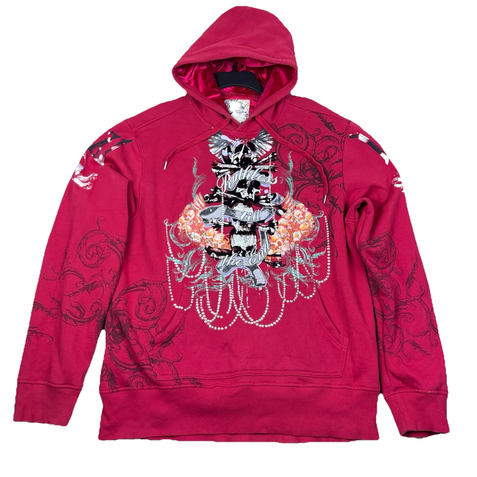 Ruthless Art Gothic Streetwear Rhinestone Graphic Hoodie Men’s 2XL Red Skull Y2K