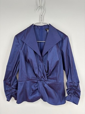 Tadashi Shoji Blouse 10 Blue Ruched Twist Front Collared Back Zip Long Sleeve