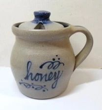 Vintage ROWE POTTERY HONEY JAR 1995 Salt Glaze Stoneware Blue Decoration 4.75" T
