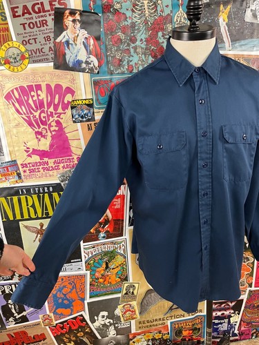 Vintage 90s Blue Roebucks Long Sleeve Twill Work Shirt 2XL Workwear Utility - Picture 3 of 11