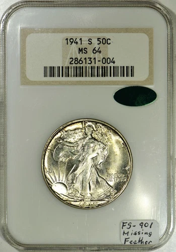 1941-S Walking Liberty Half Dollar NGC & CAC MS-64; FS-901 Missing Feather