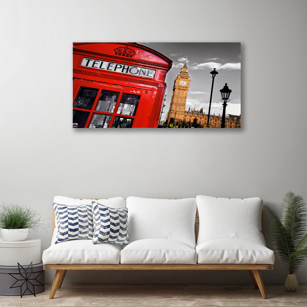 Tableau cabine téléphonique rouge sur toile 100x50 cm pour décoration murale urbaine