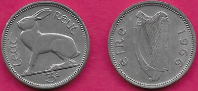 IRELAND 1/2 REUL/3 PINGINE 3 PENCE 1966 VF CLAIRSEACH OR GAELIC HARP WITH COUNTR