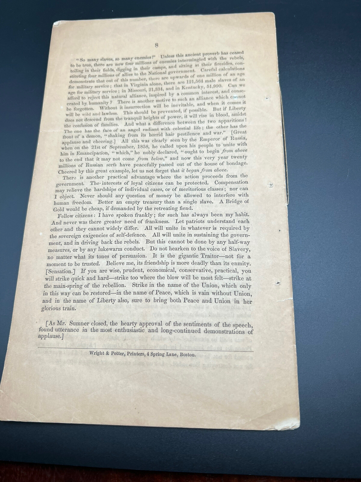 HON CHARLES SUMNER / UNION AND PEACE HOW THEY SHALL BE RESTORED SPEECH - L720