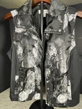 christopher  banks womens L black silver floral full zip snaps 2 pocket vest