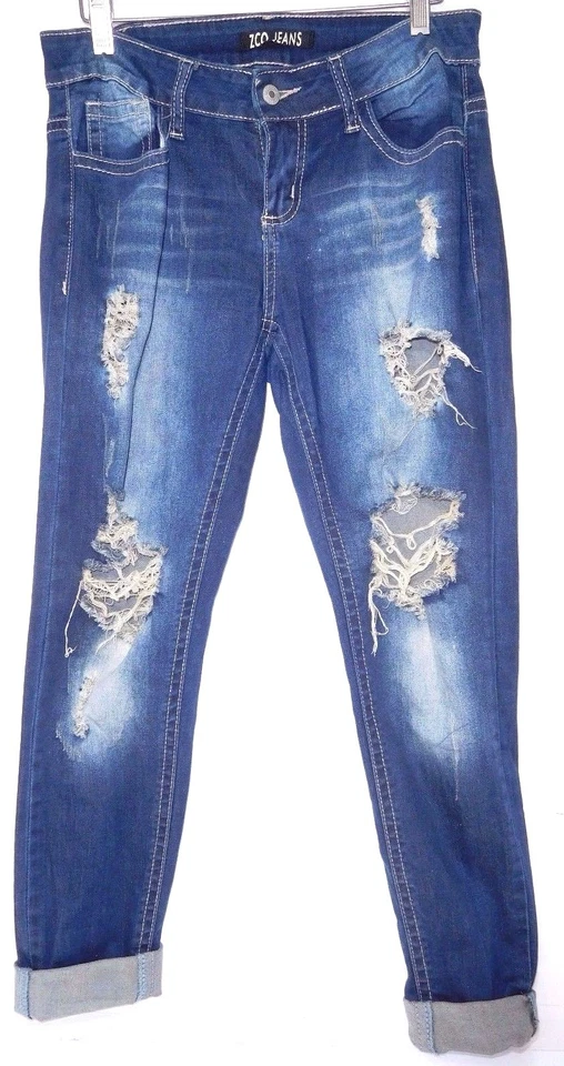Mujer ZCO Lavado Rasgado Azul Denim JEANS Dobladillos Enrollados EE. UU. 9 NUEVO SOLO UNO Foto 2 de 4