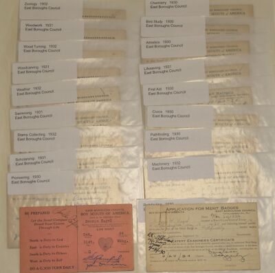 1930s East Boroughs Council Custom Merit Badge 19 Card Lot Boy Scouts of America