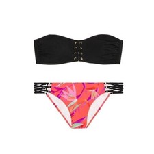 Victoria's Secret PINK Black Lace-up Bandeau Tropical Floral Strappy Bikini Set