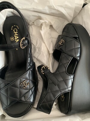 NEW Chanel Wedge Sandals Shoes Platform 40 Summer 23 Black Quilted