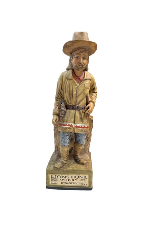 A 1969 Lionstone Whiskey Decanter sculpted as a 'Squaw Man' figure — genuinely rare Americana folk-art-meets-barware from a beloved collectible series.