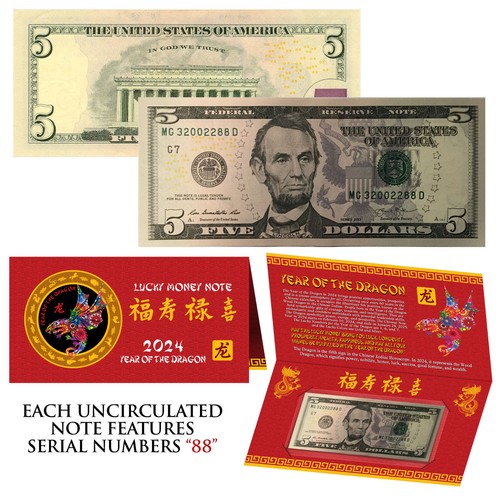 2024 CNY ANNO cinese del DRAGO denaro fortunato banconota US $5 con cartella rossa - S/N 88 - Foto 1 di 3