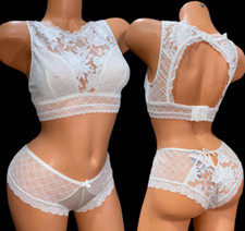 Victorias Secret Set Mesh Lace Crop Top Bralette Bra  Cheeky Panty Medium White