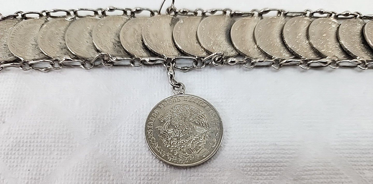 Vintage Mexican 1974 20 Centavos 1979 10 Centavos Coin Bracelet 7