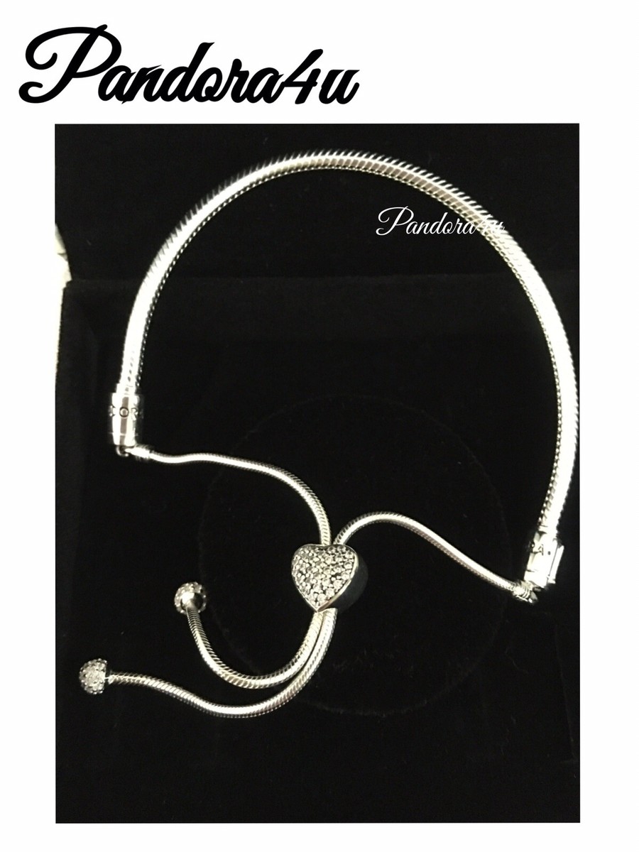 PANDORA BRACELET PAVE HEART CHAIN SLIDER NWT-HINGE BOX New With