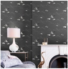 2 rouleaux de Laura Ashley ~ papier peint acier foncé Animalia ~ cigogne grue oiseaux 🖤