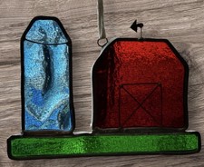 Vintage Stained Glass Sun Catcher Ornament Red Barn  Silo Farmhouse Decor 5.5  