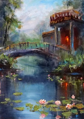 Water Lily Pond with Bridge 12x16'' Misty Reflective Asian Landscape Oil Painting