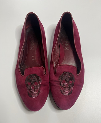 Alexander McQueen Burgundy Suede Slip-On Loafer Flats Skull Sequin EU 37