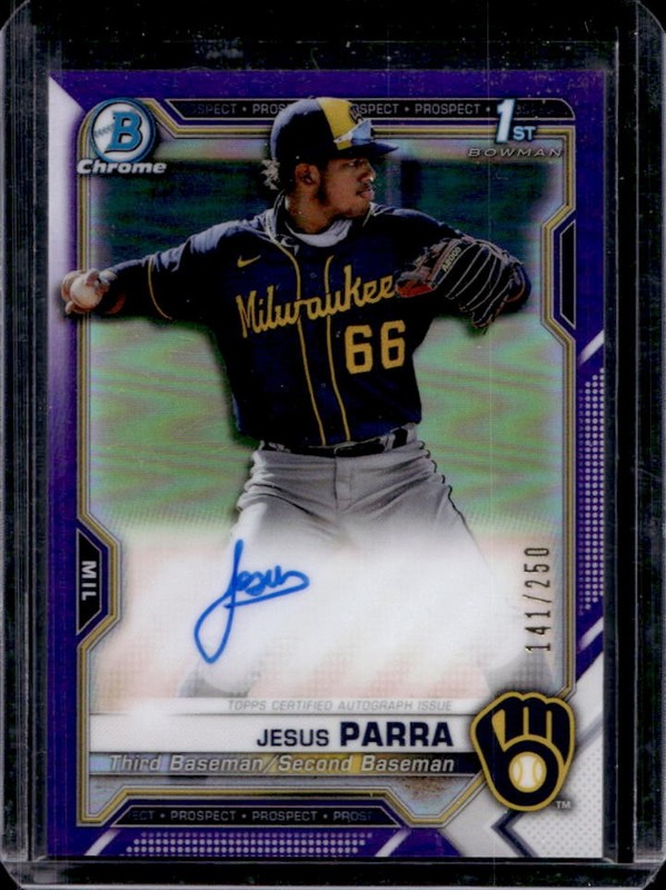 2021 Bowman Chrome Jesus Parra Auto Purple Refractor 1st Prospect #/250 Brewers