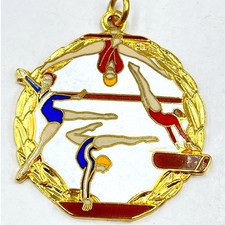 Vintage Gold Tone Gymnastics Medal Pendant Blue Red White Enamel Laurels Wreath