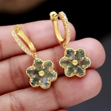 Natural Moss Agate Flower Dangle Earrings 925 Sterling Silver Gold Plated