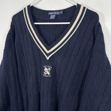 Vintage Nautica Sporting Club V Neck Cable Knit Sweater Mens Large Navy Blue 90s