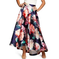 Eliza J High-Low A-Line Pleated Skirt Women’s Size 10 Blue Pink Floral Pockets