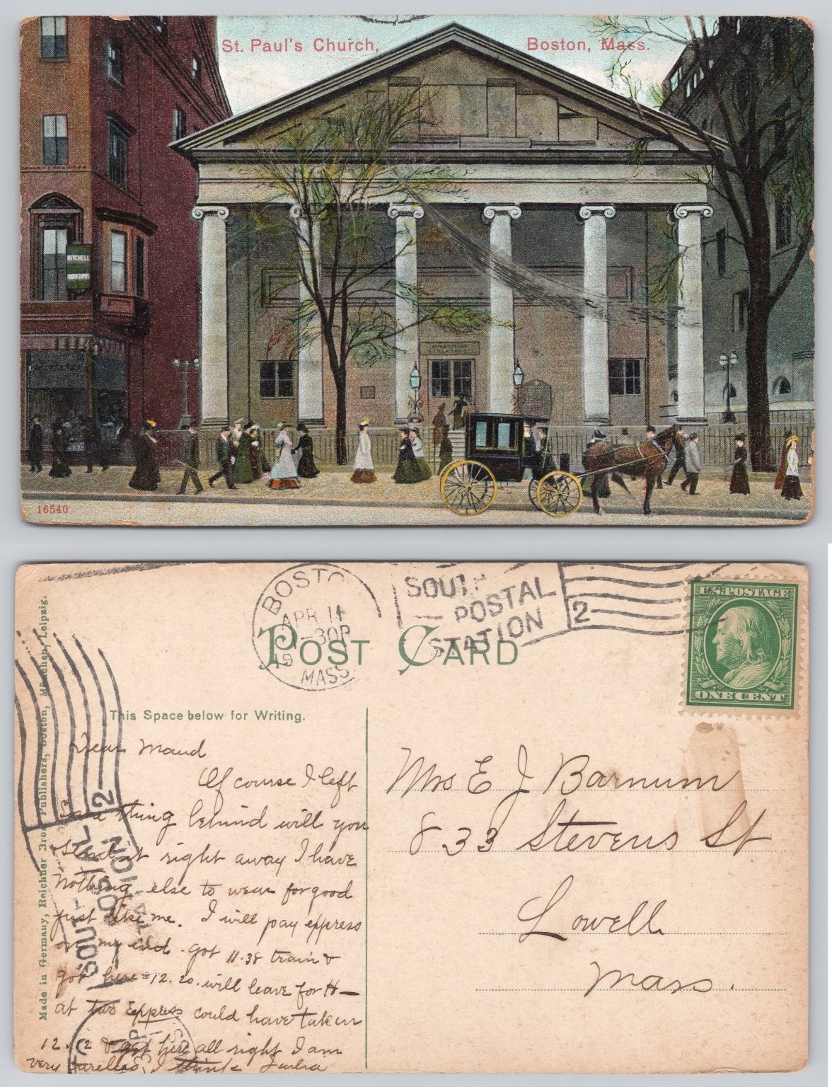 1908 St. Paul's Church Boston Mass Horse Carriage Street Scene Vintage ...