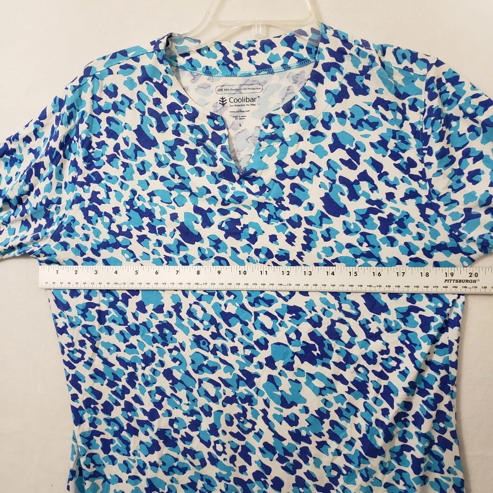 Coolibar Oceanside 束腰外衣连衣裙女式大号蓝色豹纹 UPF 50 竹 — 第 3/4 张图片