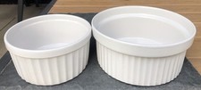 2 LARGE VINTAGE SOUFFLE DISHES WHITE RIBBED FRANCE 20cm & 16.5cm Dia