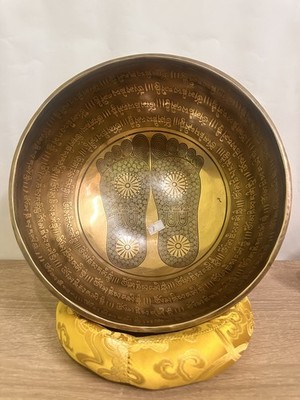 12 Inches Large Buddha Foot Carved Singing Bowl- Full Mantra Engraved-Sound Bowl